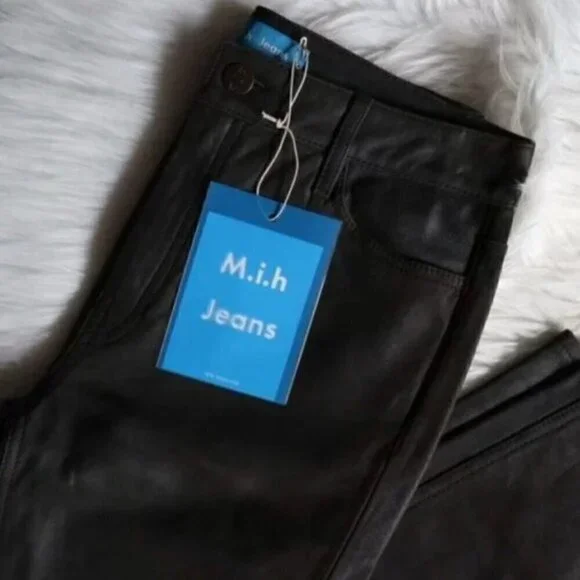 NWT Anthropologie Green Black High Rise Straight Leg Lamb Leather Pants Size 25